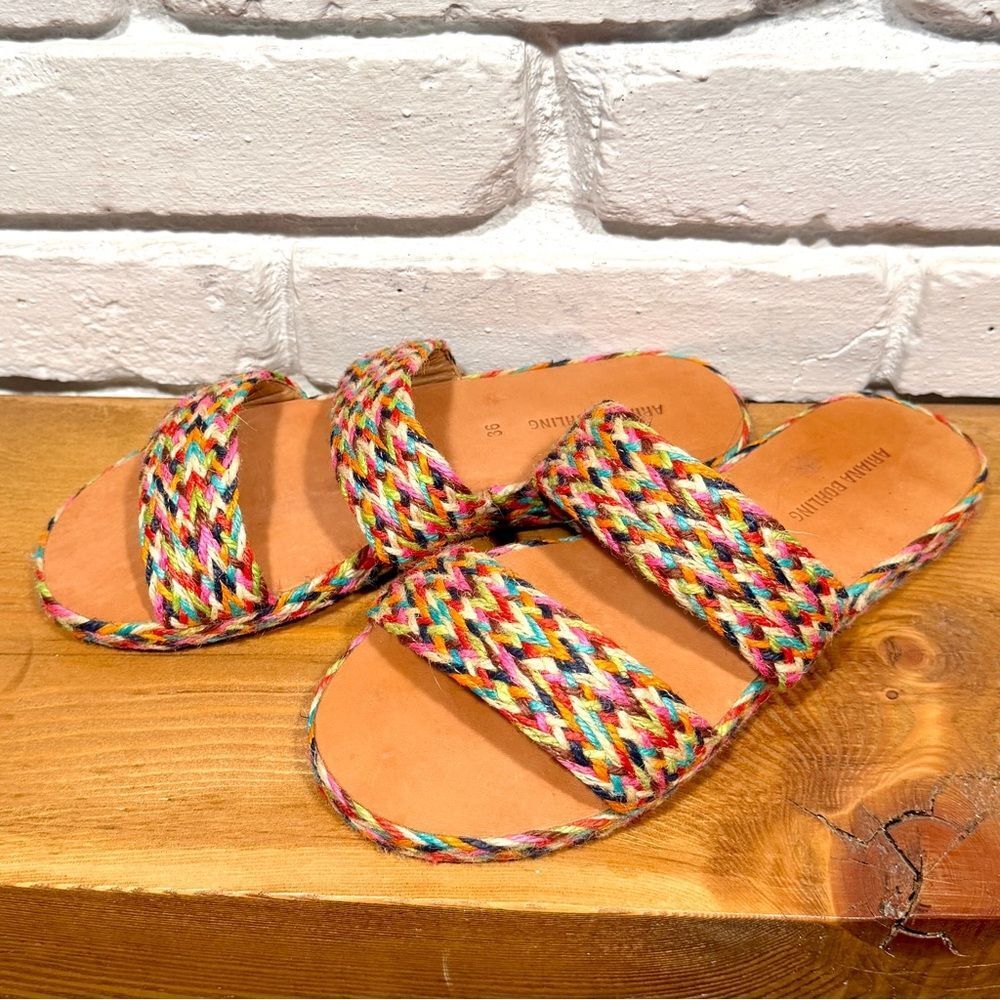 Ariana Bohling Rainbow Woven Slide Sandals Leather Boho Festival Resort 36 NEW